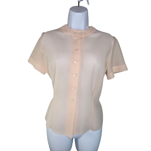 Vtg 40s 50s Pale Blush Pink Textured Sheer Short Sleeve Button Blouse - Picture 1 of 8